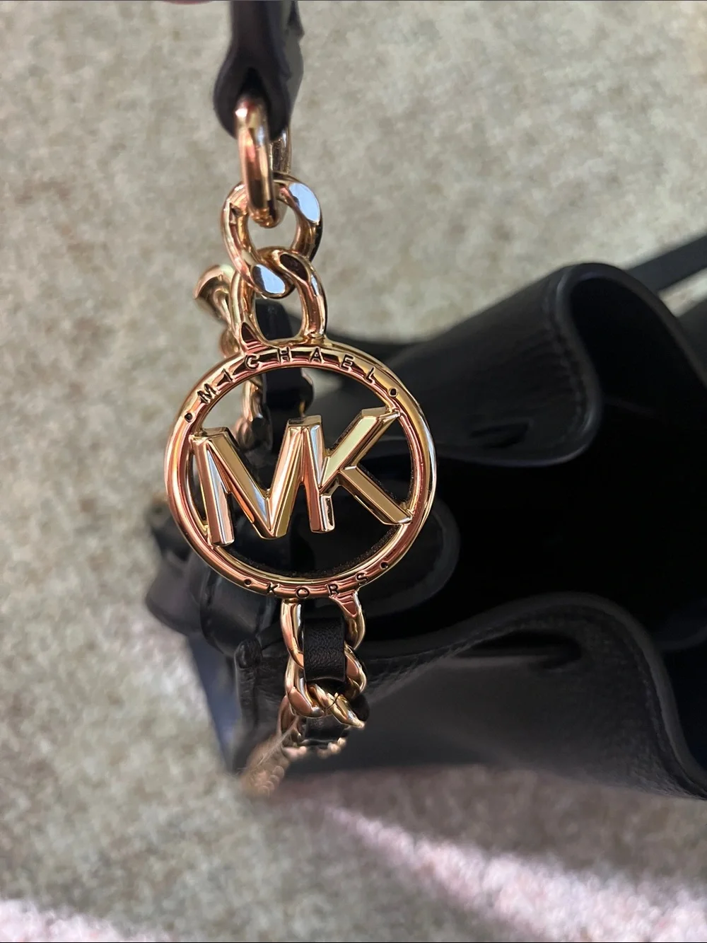 Michael Kors Black Pebbled Leather Bucket Shoulder Bag with Gold Chain Trim